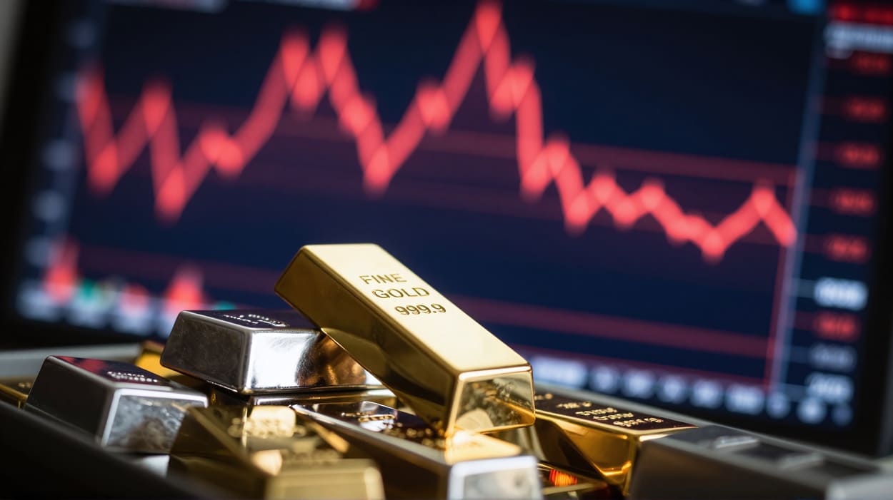 Goldbarren und Silberbarren vor einem Börsenchart als Vergleich verschiedener Edelmetallanlagen