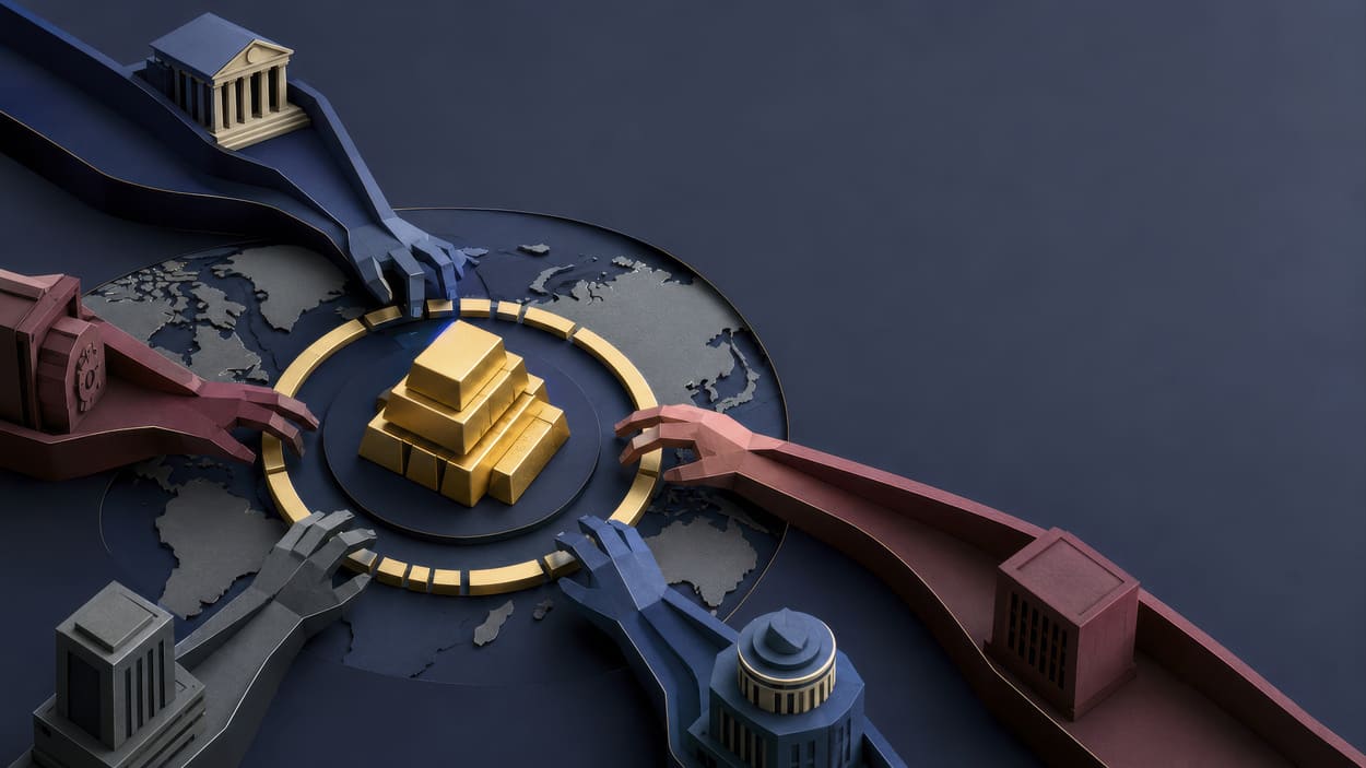 Gold und Finanzsymbole als Darstellung der Rolle von Zentralbanken im Goldmarkt