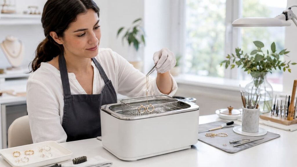 Professionelle Reinigung von Goldschmuck: Juwelier reinigt eine Goldkette und Ohrringe mit einem Ultraschallgerät in der Werkstatt