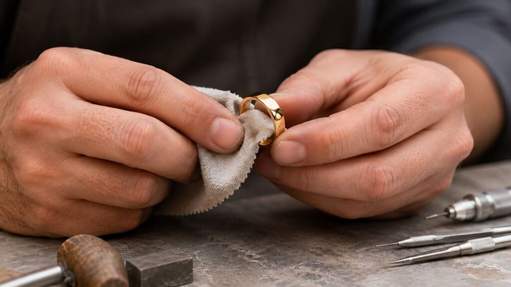 Goldring reinigen: Goldschmied poliert einen Goldring mit einem Mikrofasertuch und sorgt für neuen Glanz bei wertvollem Schmuck