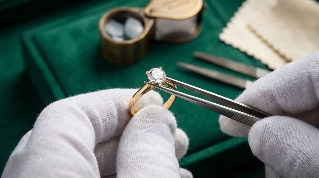 Goldschmuck reinigen: Juwelier hält einen Goldring mit Diamant mit einer Pinzette über einer Samtbox und prüft das Schmuckstück mit einer Lupe