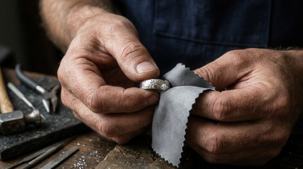 Silberschmuck reinigen: Goldschmied poliert einen Silberring in der Werkstatt und bringt die Oberfläche wieder zum Glänzen Silberarmband reinigen: Schmuckpflege mit einem Poliertuch auf einem Holztisch zur Entfernung von Ablagerungen und Anlaufen