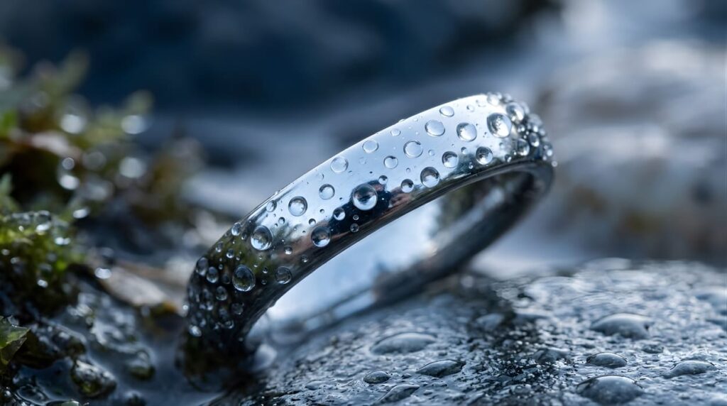 Silberring reinigen und pflegen: Silberner Ring mit Wassertropfen auf einem Naturstein als Symbol für Schmuckpflege